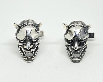 Masque japonais Hannya solide 925 boutons de manchette en argent sterling