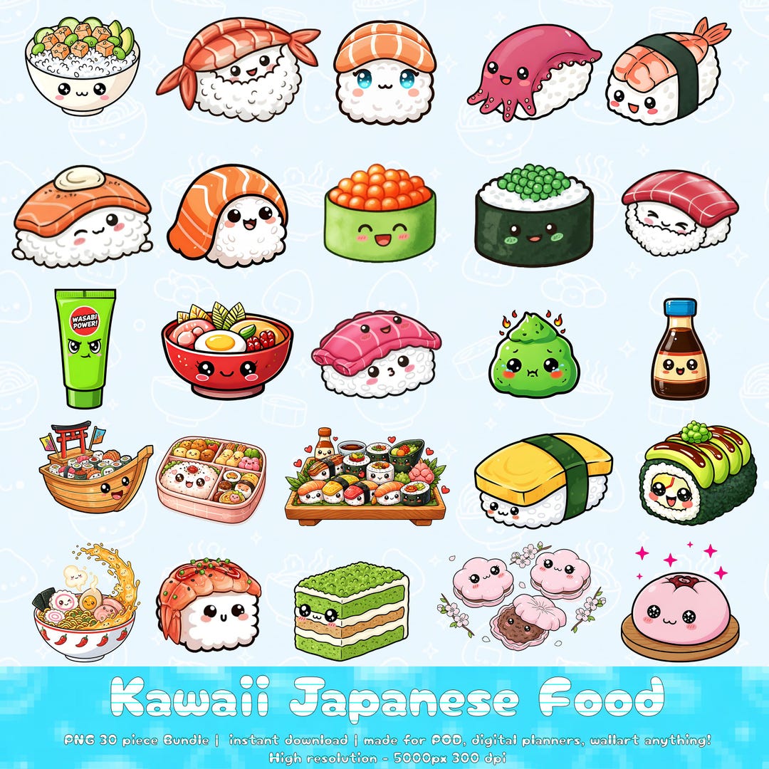Kawaii Japanese Food Clipart Bundle | Cute Sushi PNG Set | Kawaii Sushi ...