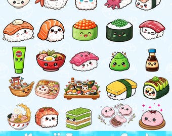 Kawaii Japanese Food Clipart Bundle | Cute Sushi PNG Set | Kawaii Sushi Stickers | Japanese Food Illustrations | 5000px 300DPI