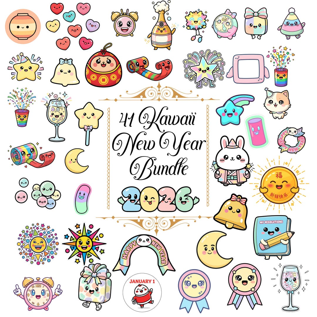 New Year Kawaii Clipart Cute Celebration Stickers PNG Champagne ...