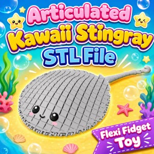 May include: A gray, articulated stingray toy with a kawaii design, featuring a smiling face and blush. The image includes text that reads "Articulated Kawaii Stingray STL File" and "Flexi Fidget Toy" on a colorful, underwater-themed background.