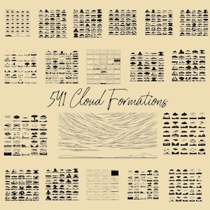 May include: A beige illustration featuring 541 cloud formations in black. The image is divided into sections, each showcasing different cloud types and arrangements. The text "541 Cloud Formations" is written in a cursive font.