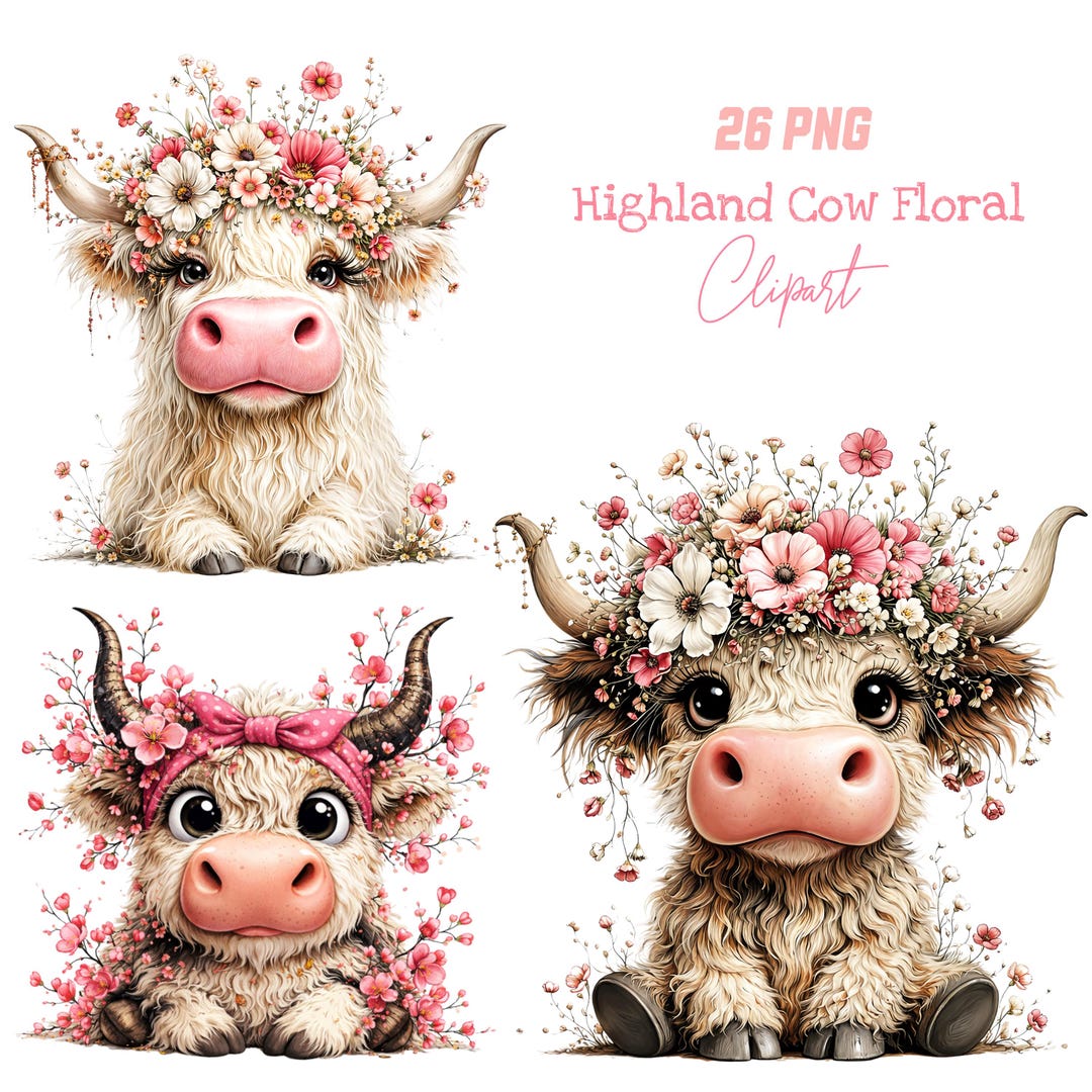 Highland Cow Floral Clipart Bundle Cute Cow PNG Watercolor Farm Animal ...