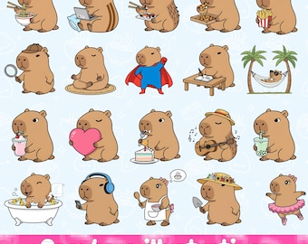 21 Capybara PNG illustrations Kawaii Animal Clipart Bundle Stickers POD Scrapbooking Cute Capybara Stickers Whimsical Commercial Use