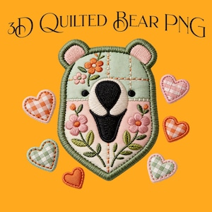 Puede incluir: Un diseño PNG de oso acolchado en 3D sobre un fondo naranja. El oso tiene una cara verde claro con acentos rosas, flores bordadas y una nariz negra. Varios parches en forma de corazón de varios colores rodean al oso. El texto "3D QUILTED BEAR PNG" está en la parte superior.