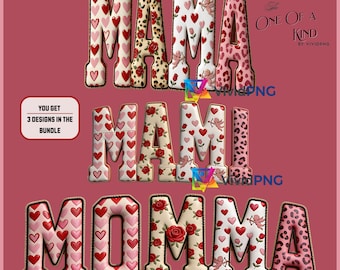 Paquete PNG 3D "Mamá, Mamá, Mamá", diseño acolchado de sublimación para San Valentín, archivo DTF de corazones, rosas y leopardo para mamá, Día de la Madre PNG