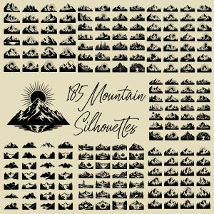 Puede incluir: Una colección de 185 siluetas de montañas negras en varios diseños. Los diseños incluyen montañas con soles, árboles y reflejos de agua. También se incluye el texto "185 Mountain Silhouettes".