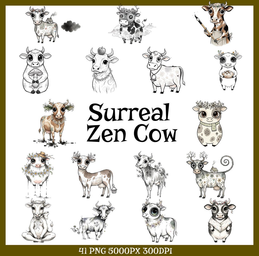 41 Surreal Zen Cow Illustration PNG Set Whimsical Big-eyed Cottagecore ...