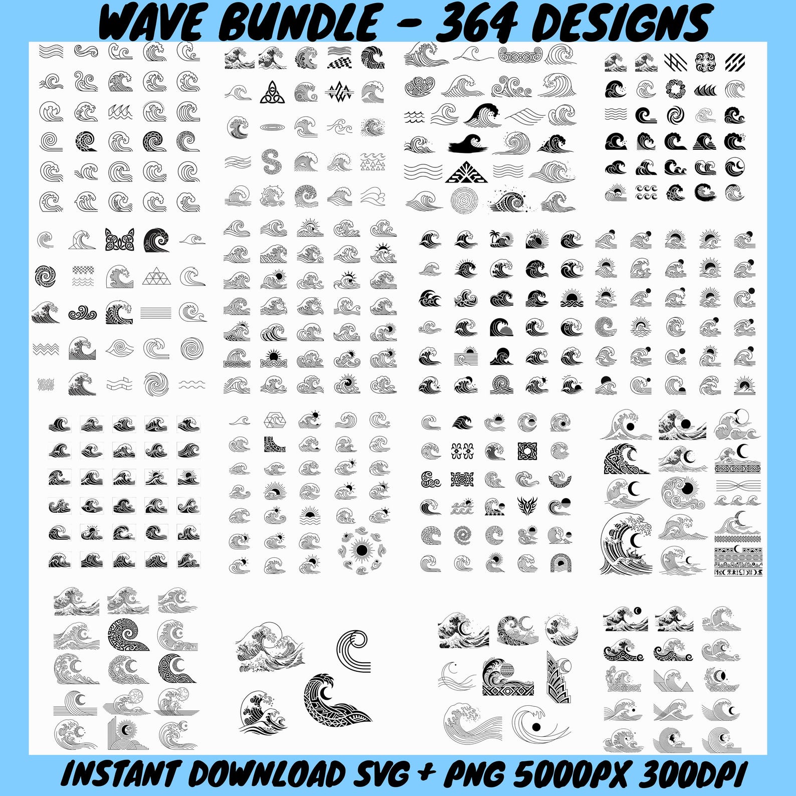 Wave SVG Bundle Japanese Wave Mega Pack Ocean Waves Clipart Tribal Surf ...