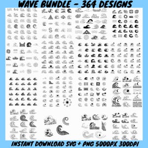 May include: A collection of 364 wave designs in black and white, arranged in a grid pattern. The designs vary in style, from simple lines to intricate patterns. Text at the top reads "WAVE BUNDLE - 364 DESIGNS". The bottom text says "INSTANT DOWNLOAD SVG + PNG 5000PX 300DPI".