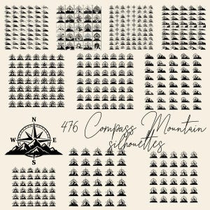 May include: A collection of 476 black compass and mountain silhouettes. The compass rose is centered with the cardinal directions labeled. The text "476 Compass Mountain silhouettes" is written in a cursive font.