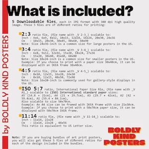 Op de afbeelding: Een digitale kunstafdruklijst beschrijft de meegeleverde bestandsverhoudingen voor het afdrukken. De tekst bevat inch- en centimeter maten voor verschillende afdrukformaten, zoals 4x6, 6x9, 8x12 en 10x15 inch, en 10x15, 20x30, 30x45 en 40x60 cm.