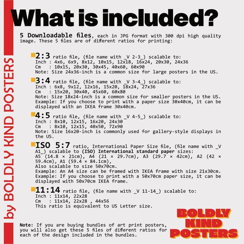 Op de afbeelding: Een digitale kunstafdruklijst beschrijft de meegeleverde bestandsverhoudingen voor het afdrukken. De tekst bevat inch- en centimeter maten voor verschillende afdrukformaten, zoals 4x6, 6x9, 8x12 en 10x15 inch, en 10x15, 20x30, 30x45 en 40x60 cm.