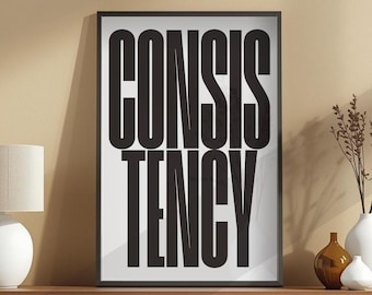 CONSISTENTIE typografie kunst aan de muur, minimalistisch motiverend afdrukbaar, moderne zwarte tekst beige muurdecoratie