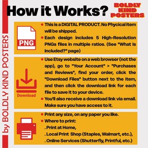 Op de afbeelding: Een informatieblad met de titel "Hoe het werkt?" met details over het downloaden en afdrukken van digitale PNG-bestanden. Het blad, van "BOLDLY KIND POSTERS", legt de stappen uit voor digitale productaankopen op Etsy.