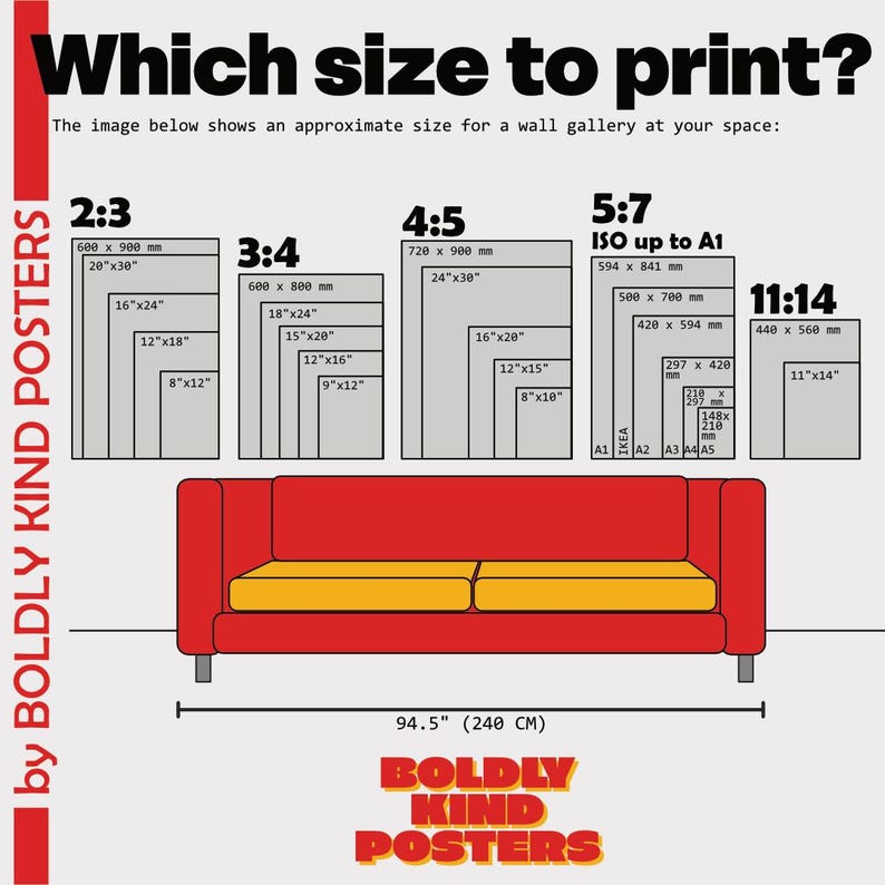 Op de afbeelding: Een grafiek met afdrukformaten voor wandkunst, met afmetingen in inches en millimeters. De afbeelding toont een rode bank en de tekst "Welke maat afdrukken?" en "BOLDLY KIND POSTERS".