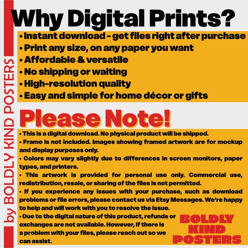 Op de afbeelding: Een gele advertentie voor digitale prints met zwarte en rode tekst. De tekst benadrukt voordelen zoals direct downloaden en hoge resolutie. Aanvullende tekst geeft belangrijke productinformatie en opmerkingen.