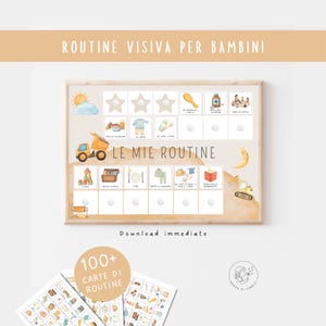 Può includere: Un grafico di routine visiva incorniciato per bambini, con illustrazioni di attività quotidiane. Il grafico include immagini di un sole, nuvole, stelle e una luna, con il testo "LE MIE ROUTINE" e "Download immediato".