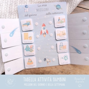 May include: A light blue children's activity chart with illustrations of daily and weekly tasks. The chart features a rocket, planets, and stars, with the text "Le mie MISSIONI" and "TABELLA ATTIVITÀ BAMBINI".