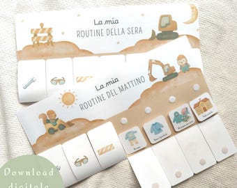 Tabella routine bambini italiano, routine giornaliera bambini da stampare, carte attività da ritagliare - tema cantiere