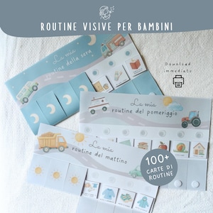 May include: Visual routine cards for children. The cards are light blue and white, with illustrations of vehicles, suns, and moons. The text includes "La mia routine della sera", "La mia routine del pomeriggio", and "La mia routine del mattino". The cards also say "100+ CARTE DI ROUTINE".