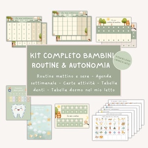 Può includere: Un set di kit di routine e autonomia per bambini. Include pianificatori giornalieri e settimanali, schede attività e una tabella per lavarsi i denti. I disegni presentano animali del bosco e colori pastello tenui. Il testo include "KIT COMPLETO BAMBINI ROUTINE & AUTONOMIA".