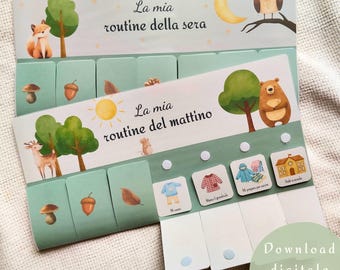 tabella routine bambini italiano, tabellone routine mattina e sera personalizzabile da stampare, carte routine da ritagliare