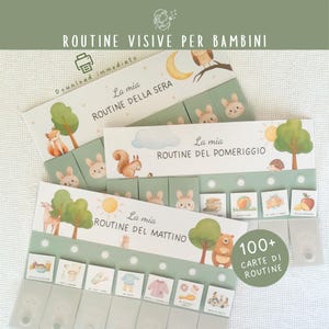 Può includere: Un set di schede di routine illustrate per bambini, con immagini di animali e attività quotidiane. Le schede sono etichettate "ROUTINE VISIVE PER BAMBINI" e includono le frasi "ROUTINE DELLA SERA", "ROUTINE DEL POMERIGGIO" e "ROUTINE DEL MATTINO".