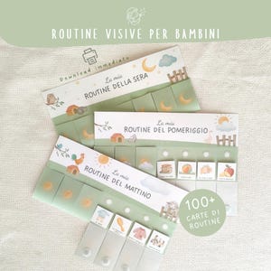 Può includere: Carte di routine visive per bambini. Le carte sono verdi e bianche con illustrazioni di attività quotidiane. Il testo sulle carte recita "Routine della Sera", "Routine del Pomeriggio", e "Routine del Mattino". Le carte hanno una varietà di icone.