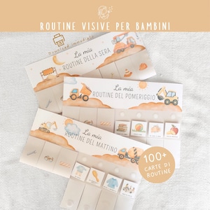 Può includere: Un set di schede illustrate per la routine dei bambini, con veicoli da cantiere e icone per le attività del mattino, del pomeriggio e della sera. Le schede hanno testo in italiano, con "Routine Visive Per Bambini" in alto.