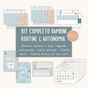 Può includere: Un set di grafici e schede di routine e autonomia per bambini. Il set include un pianificatore settimanale, schede attività, una tabella per lavarsi i denti e una tabella per dormire nel proprio letto. Il testo principale dice "KIT COMPLETO BAMBINI ROUTINE & AUTONOMIA".