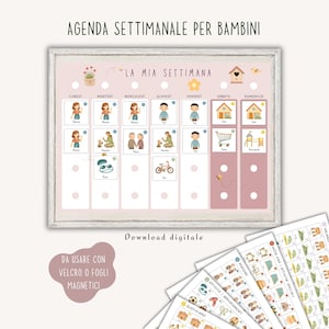 Visueller Wochenplaner für Kinder mit Karten für Routinen, Aktivitäten und Personen.