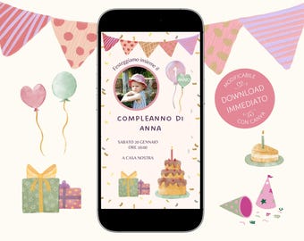 Invitación digital de cumpleaños para niña, editable y personalizable con temática rosa en Canva, invitación electrónica para la primera fiesta de cumpleaños con foto