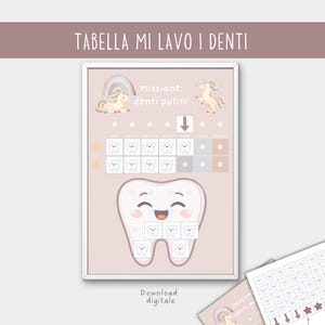 Può includere: Una tabella per il lavaggio dei denti stampabile color rosa chiaro con un unicorno, un arcobaleno e un dente sorridente. La tabella include il testo TABELLA MI LAVO I DENTI, mission: denti puliti!, e una griglia per monitorare la pulizia quotidiana.