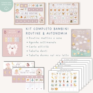 Op de afbeelding: Een set kinderroutine- en autonomiekaarten. De kit bevat ochtend- en avondroutines, een weekrooster, activiteitenkaarten, een tandenschema en een slaapschema. De kaarten zijn voorzien van illustraties en Italiaanse tekst.