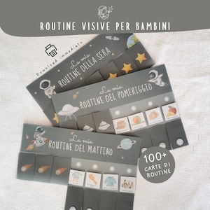 Könnte beinhalten: Graue visuelle Routinekarten für Kinder mit Weltraum-Illustrationen und italienischem Text. Die Karten zeigen "ROUTINE VISIVE PER BAMBINI" und "La mia ROUTINE". Enthält Symbole und den Text "100+ CARTE DI ROUTINE".