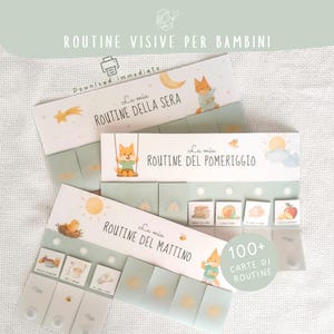 Può includere: Un set di schede di routine illustrate per bambini, con un personaggio di volpe e varie icone di attività. Le schede sono etichettate in italiano con frasi come "Routine della Sera" e "Routine del Mattino". Il design include una combinazione di colori verde chiaro e bianco.