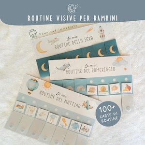 Puede incluir: Tres tarjetas de rutina ilustradas para niños. Las tarjetas están etiquetadas como "Rutina de la mañana", "Rutina de la tarde" y "Rutina de la noche". Cada tarjeta presenta ilustraciones de actividades diarias y el texto "100+ Tarjetas de rutina".