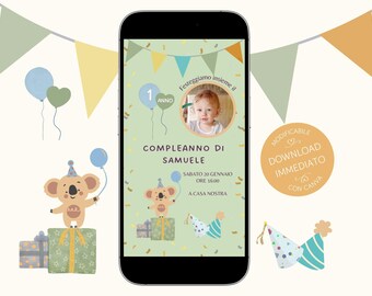 Invitación digital para cumpleaños de niño, editable y personalizable tema verde en Canva, e-vite primera fiesta de cumpleaños con foto