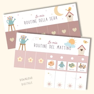 Può includere: Due tabelle di routine giornaliera stampabili. La tabella in alto recita "La mia ROUTINE DELLA SERA" con una grafica di luna e casetta per uccelli. La tabella in basso recita "La mia ROUTINE DEL MATTINO" con una grafica di sole e casetta per uccelli. Le parole "DOWNLOAD DIGITALE" sono in basso.