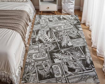 Alfombra con panel de cómic de Spiderman, alfombra de superhéroe en blanco y negro