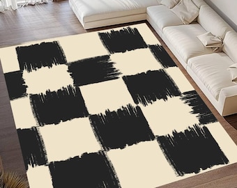 Black Beige Checkered Rug, Washable Modern Art Carpet