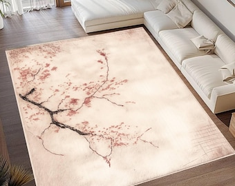 Cherry Blossom Branch Area Rug, Beige Sakura Floral Carpet
