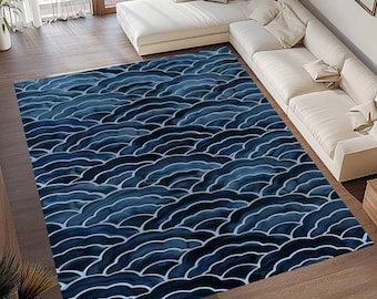 Blauer Wellenmusterteppich, modernes Küstendekor, rutschfester Teppich