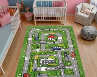 Kids Road Map Play Rug, City Streets, Soft Nursery Carpet
