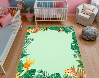 Jungle Animals Kids Rug, Safari Nursery, Non-Slip Carpet