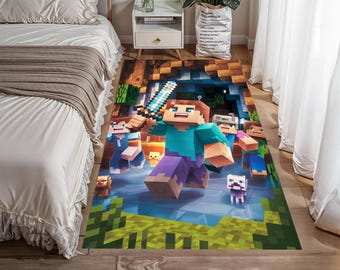 Alfombra de escape de cueva con juego de bloques que presenta a Steve emergiendo de una cueva con personajes de aventuras