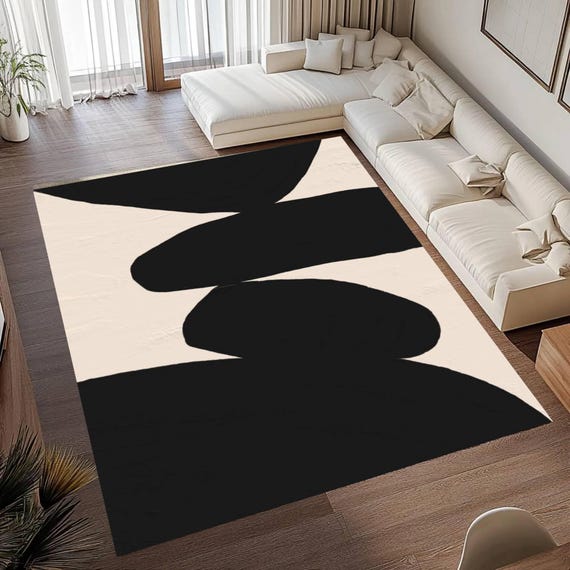 Teppich, Waschbar in Schwarz und Elfenbeinfarben, Großes Minimalistisches Design
