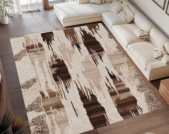 Abstract Brown Beige Area Rug, Contemporary Geometric Carpet