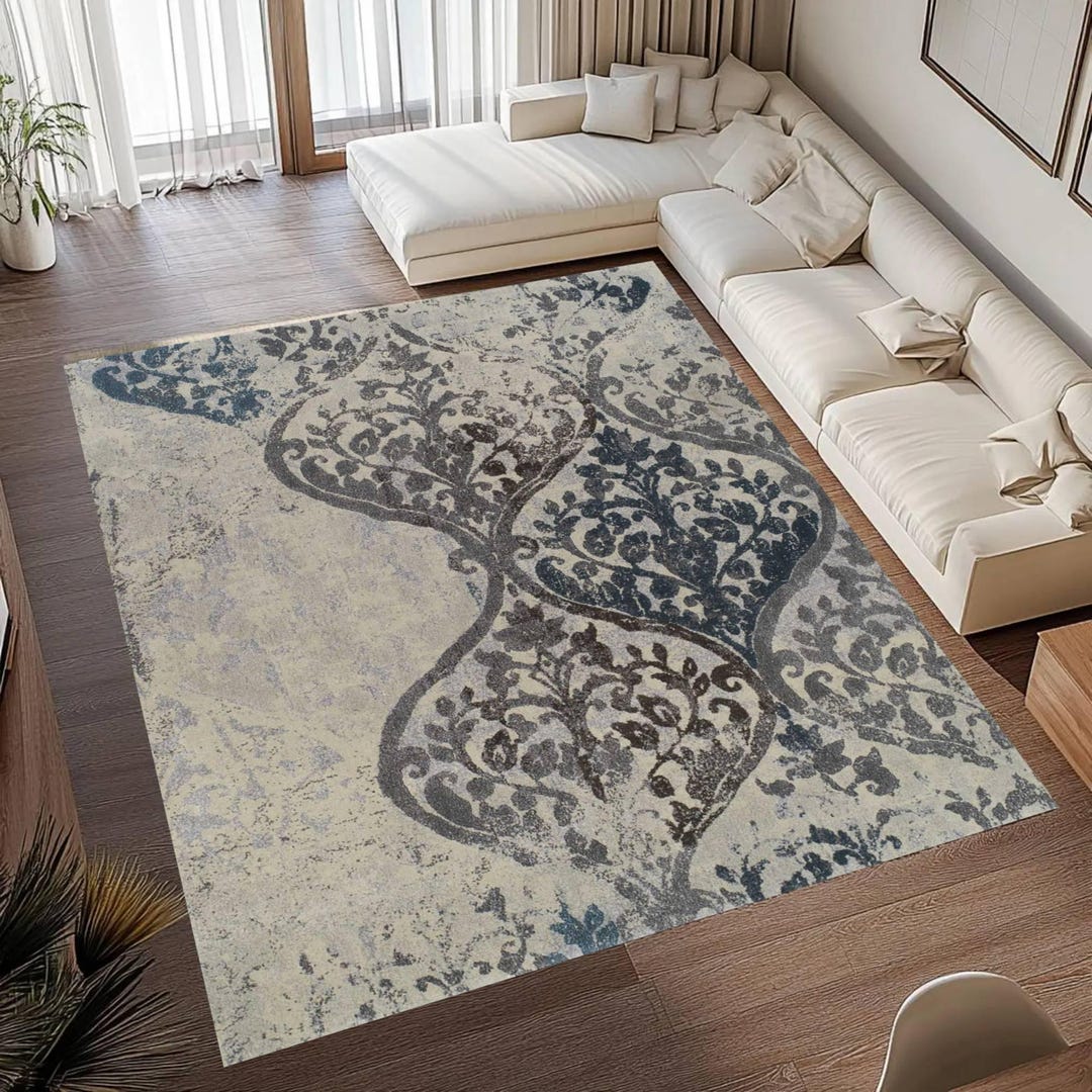 Blue Gray Abstract Scroll Area Rug, Distressed Living Room Carpet ...